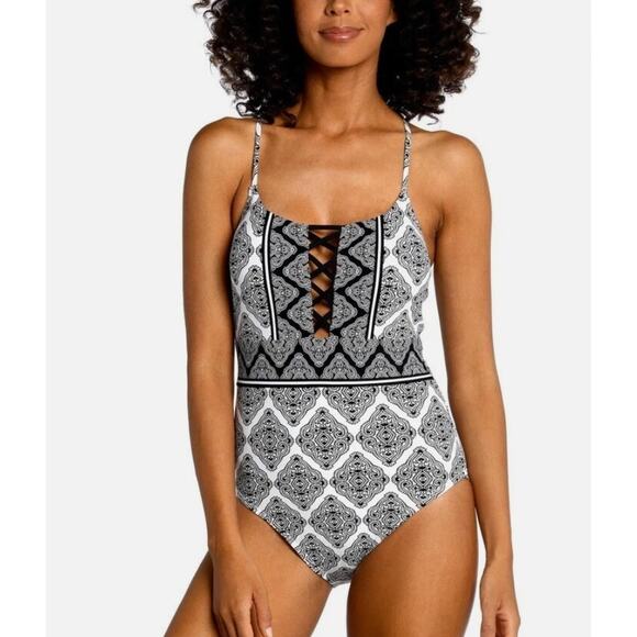 La Blanca Other - La Blanca Oasis Tile Strappy Back One-Piece Swimsuit White Black Size 14 NWT